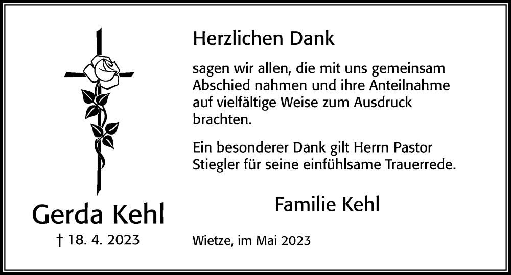  Traueranzeige für Gerda Kehl vom 03.06.2023 aus Cellesche Zeitung