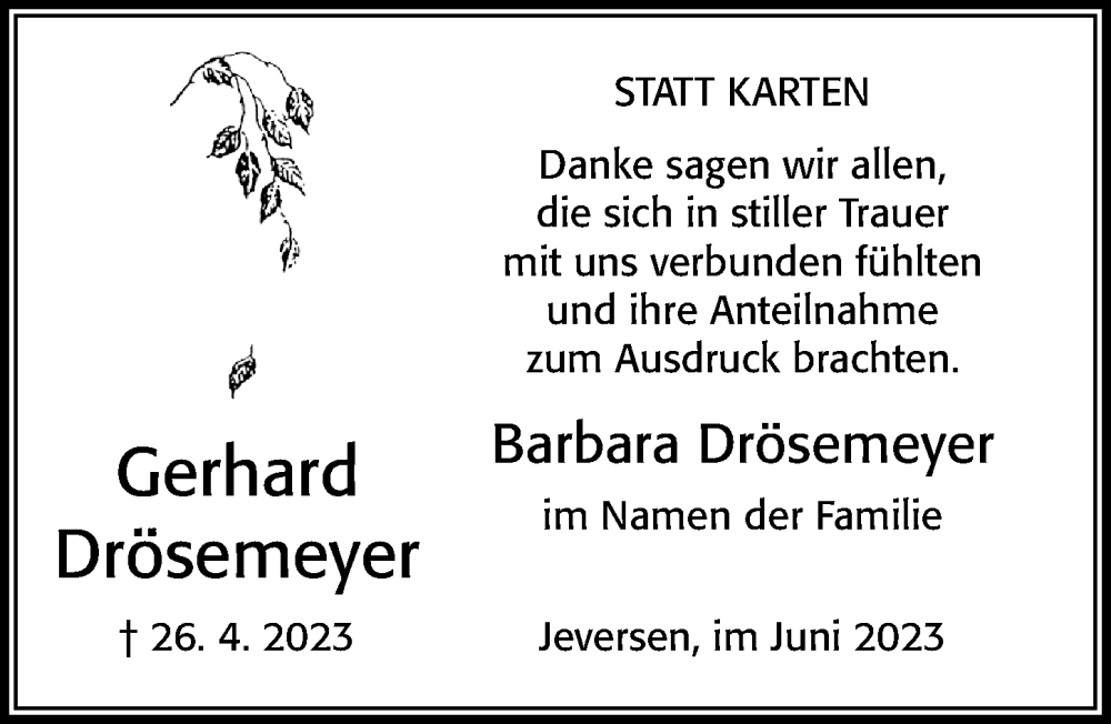  Traueranzeige für Gerhard Drösemeyer vom 03.06.2023 aus Cellesche Zeitung