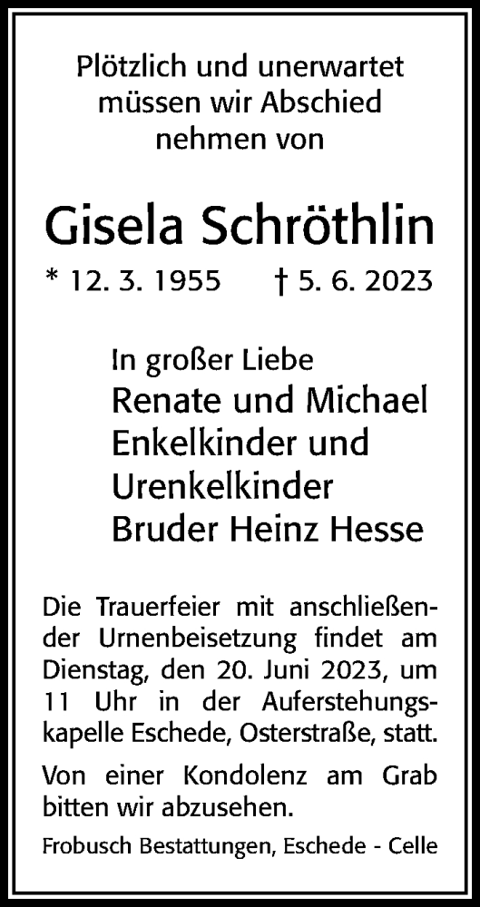 Traueranzeige von Gisela Schröthlin von Cellesche Zeitung