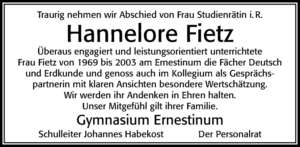  Traueranzeige für Hannelore Fietz vom 06.06.2023 aus Cellesche Zeitung