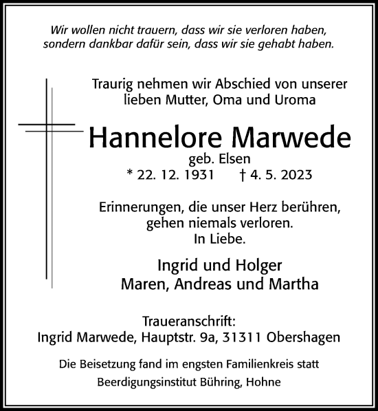 Traueranzeige von Hannelore Marwede von Cellesche Zeitung