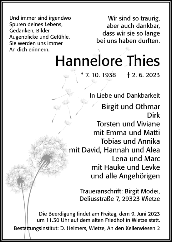 Traueranzeige von Hannelore Thies von Cellesche Zeitung