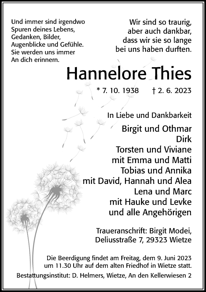  Traueranzeige für Hannelore Thies vom 06.06.2023 aus Cellesche Zeitung