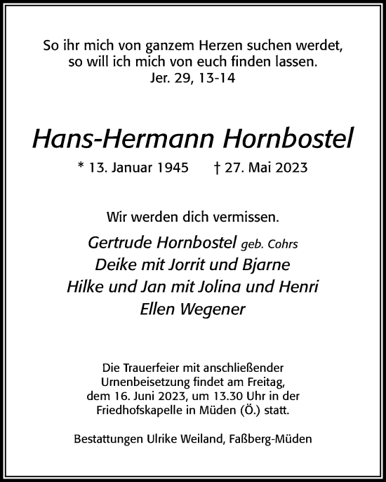 Traueranzeige von Hans-Hermann Hornbostel von Cellesche Zeitung