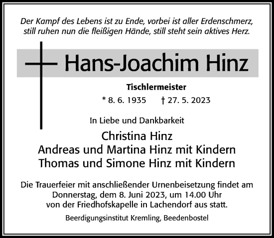 Traueranzeige von Hans-Joachim Hinz von Cellesche Zeitung