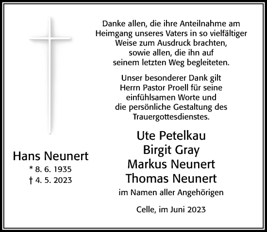 Traueranzeige von Hans Neunert von Cellesche Zeitung