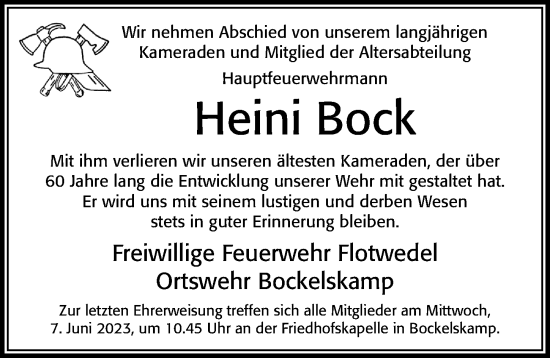 Traueranzeige von Heini Bock von Cellesche Zeitung