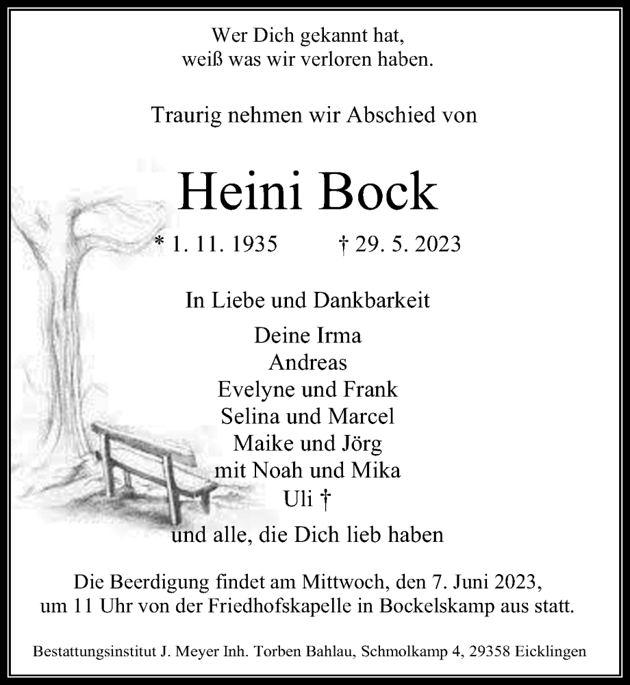  Traueranzeige für Heini Bock vom 03.06.2023 aus Cellesche Zeitung