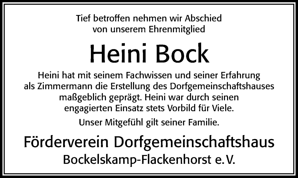  Traueranzeige für Heini Bock vom 03.06.2023 aus Cellesche Zeitung