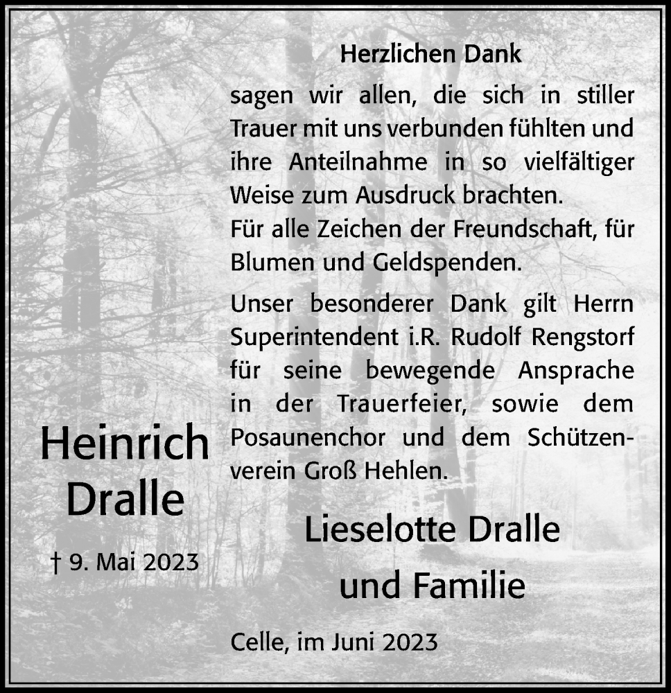  Traueranzeige für Heinrich Dralle vom 03.06.2023 aus Cellesche Zeitung
