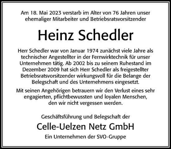 Traueranzeige von Heinz Schedler von Cellesche Zeitung