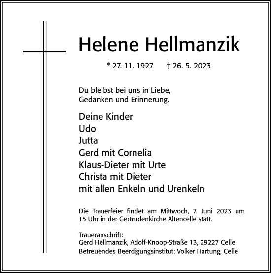 Traueranzeige von Helene Hellmanzik von Cellesche Zeitung