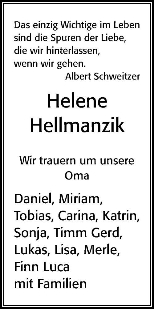 Traueranzeige von Helene Hellmanzik von Cellesche Zeitung