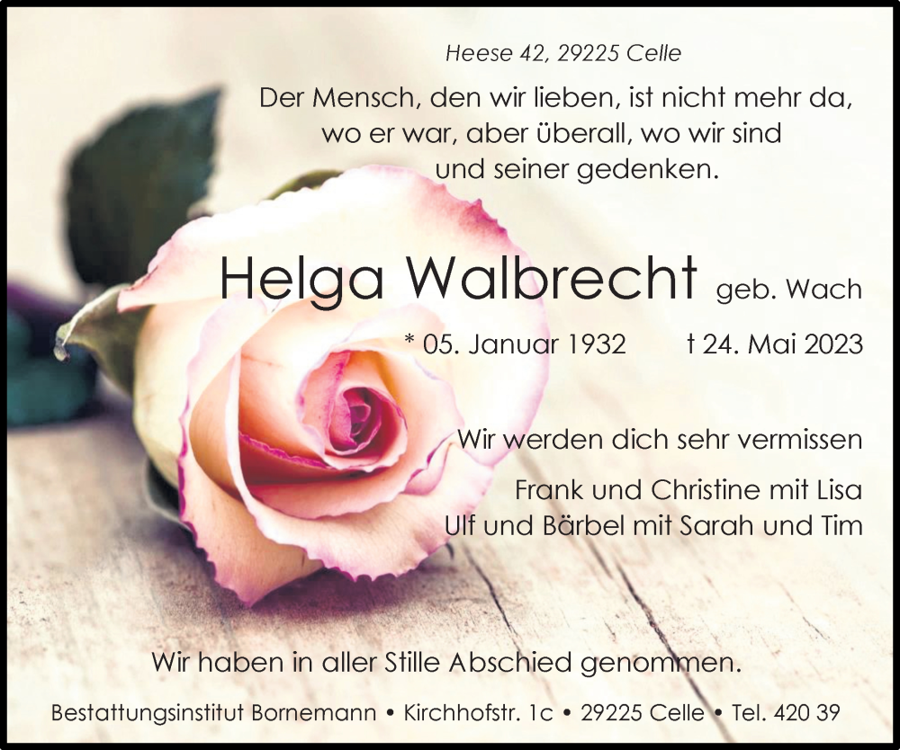  Traueranzeige für Helga Walbrecht vom 03.06.2023 aus Cellesche Zeitung