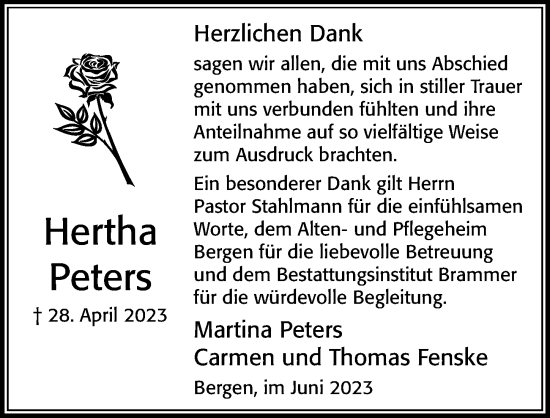 Traueranzeige von Hertha Peters von Cellesche Zeitung