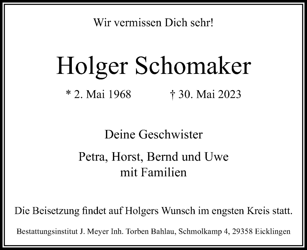  Traueranzeige für Holger Schomaker vom 03.06.2023 aus Cellesche Zeitung