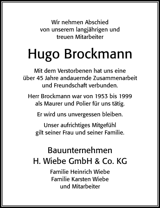 Traueranzeige von Hugo Brockmann von Cellesche Zeitung