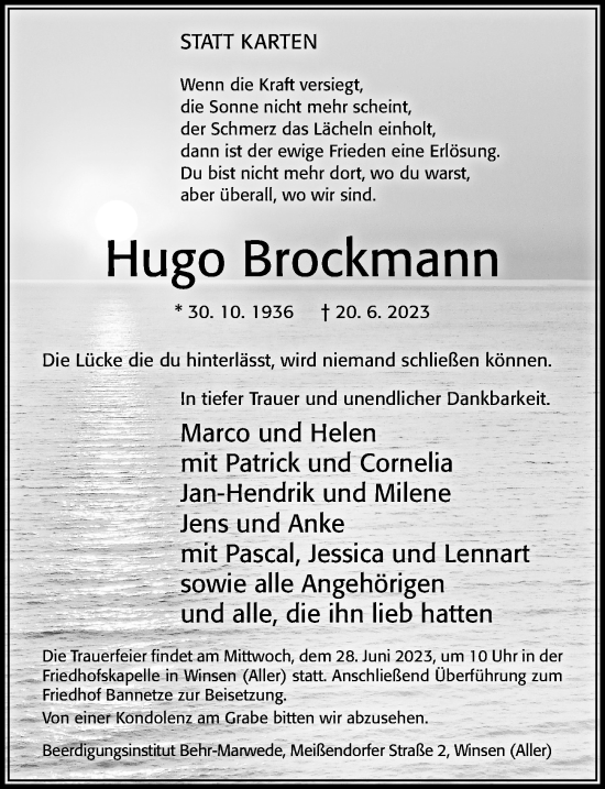 Traueranzeige von Hugo Brockmann von Cellesche Zeitung