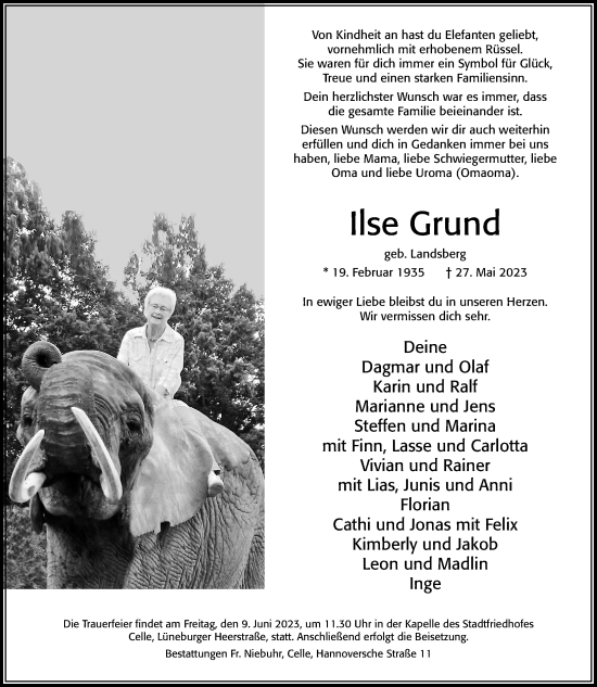 Traueranzeige von Ilse Grund von Cellesche Zeitung