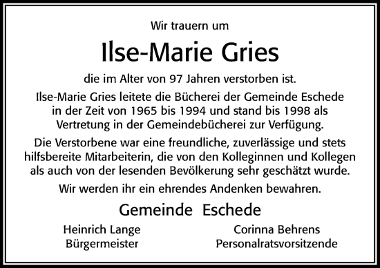 Traueranzeige von Ilse-Marie Gries von Cellesche Zeitung