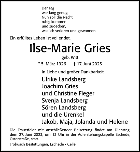 Traueranzeige von Ilse-Marie Gries von Cellesche Zeitung