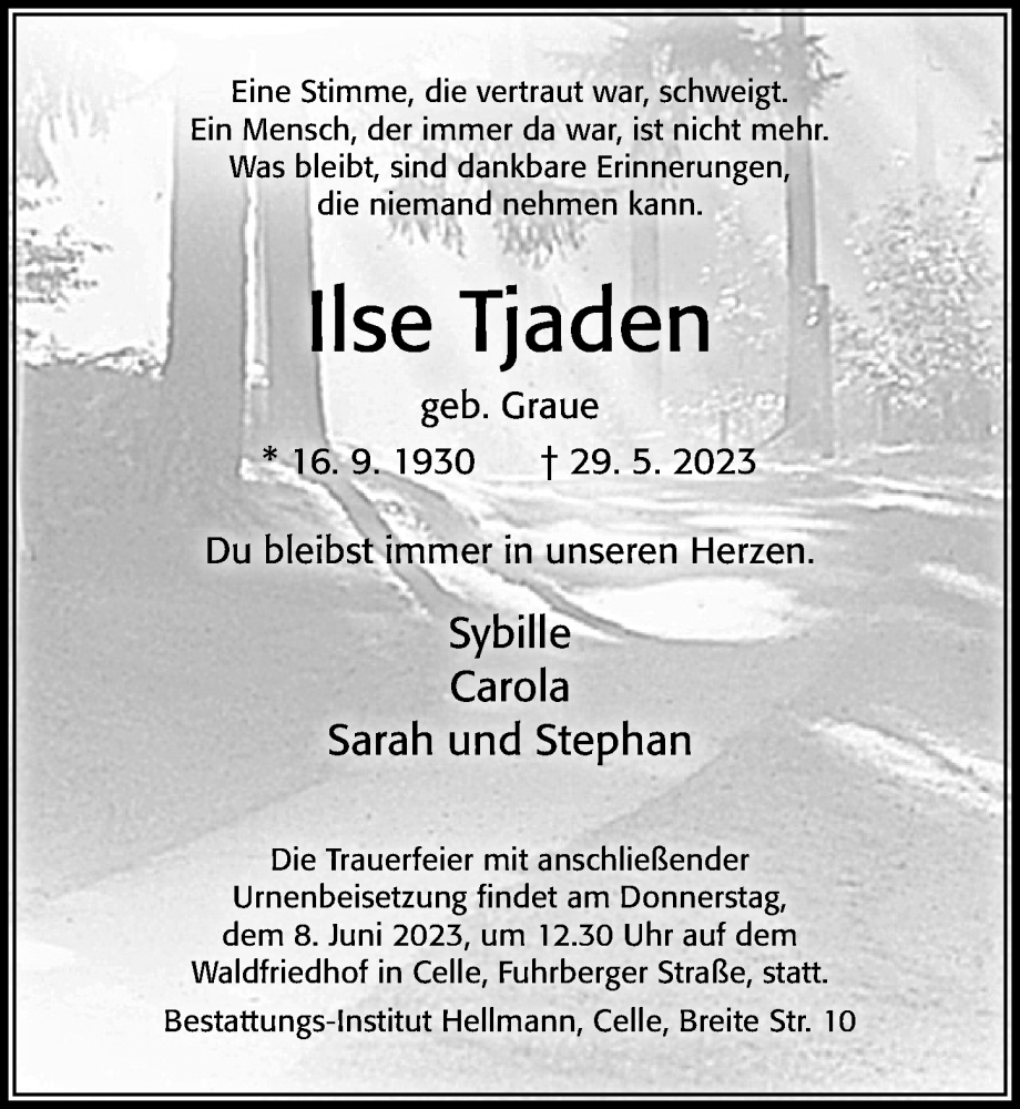  Traueranzeige für Ilse Tjaden vom 03.06.2023 aus Cellesche Zeitung