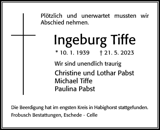 Traueranzeige von Ingeburg Tiffe von Cellesche Zeitung