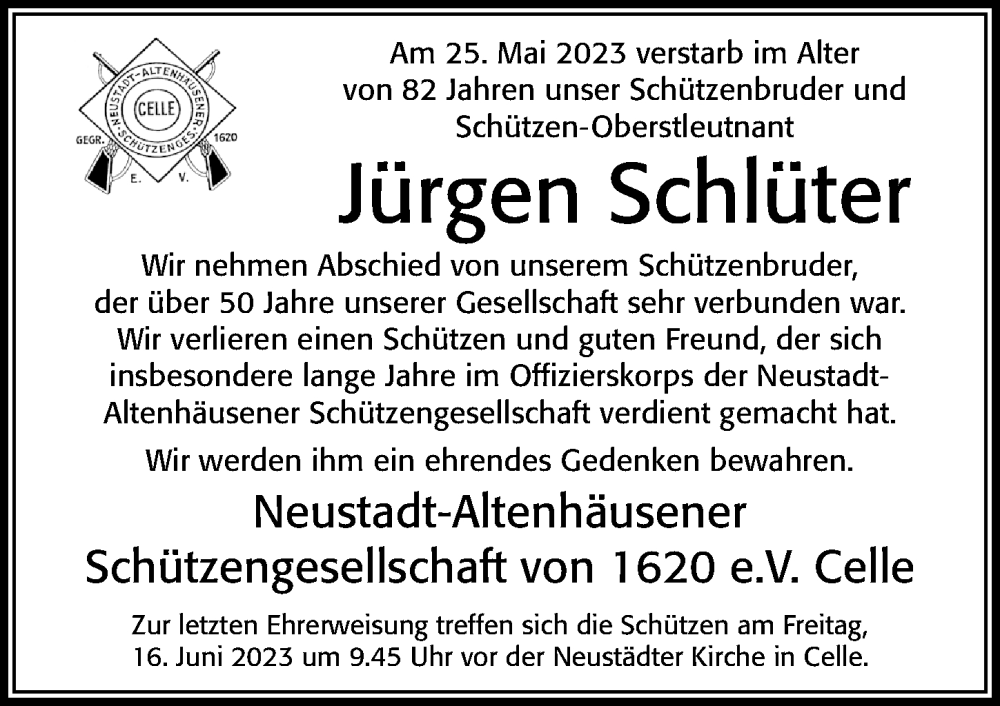  Traueranzeige für Jürgen Schlüter vom 03.06.2023 aus Cellesche Zeitung