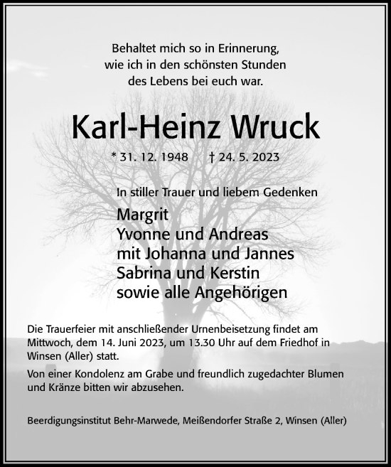 Traueranzeige von Karl-Heinz Wruck von Cellesche Zeitung