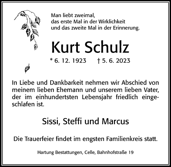 Traueranzeige von Kurt Schulz von Cellesche Zeitung