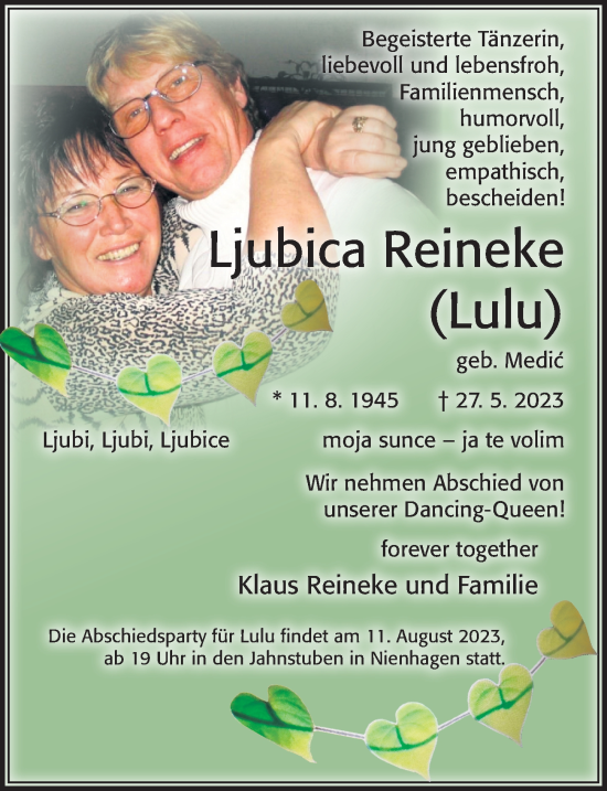 Traueranzeige von Ljubica Reineke von Cellesche Zeitung