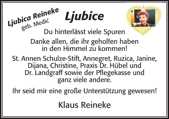 Traueranzeige von Ljubica Reineke von Cellesche Zeitung