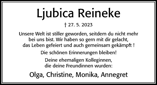 Traueranzeige von Ljubica Reineke von Cellesche Zeitung