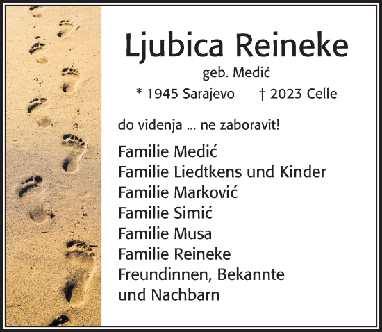 Traueranzeige von Ljubica Reineke von Cellesche Zeitung