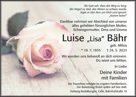 Traueranzeige von Luise Bähr von Cellesche Zeitung