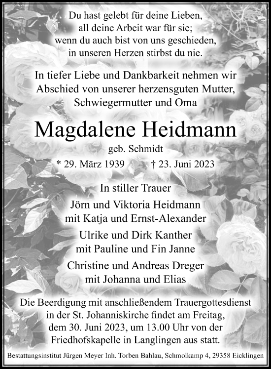 Traueranzeige von Magdalene Heidmann von Cellesche Zeitung