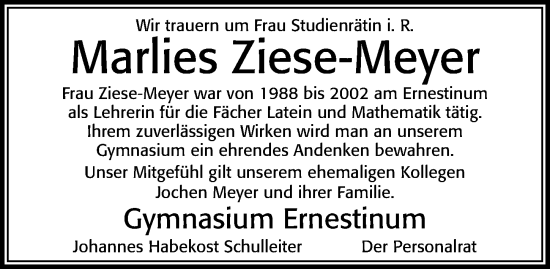 Traueranzeige von Marlies Ziese-Meyer von Cellesche Zeitung
