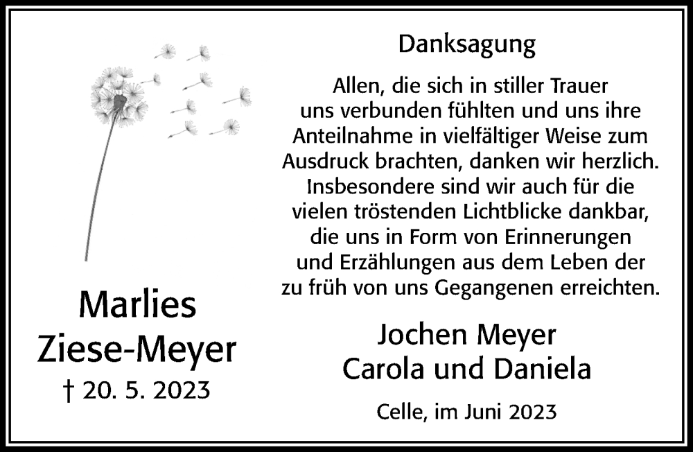  Traueranzeige für Marlies Ziese-Meyer vom 10.06.2023 aus Cellesche Zeitung