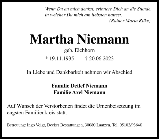 Traueranzeige von Martha Niemann von Cellesche Zeitung