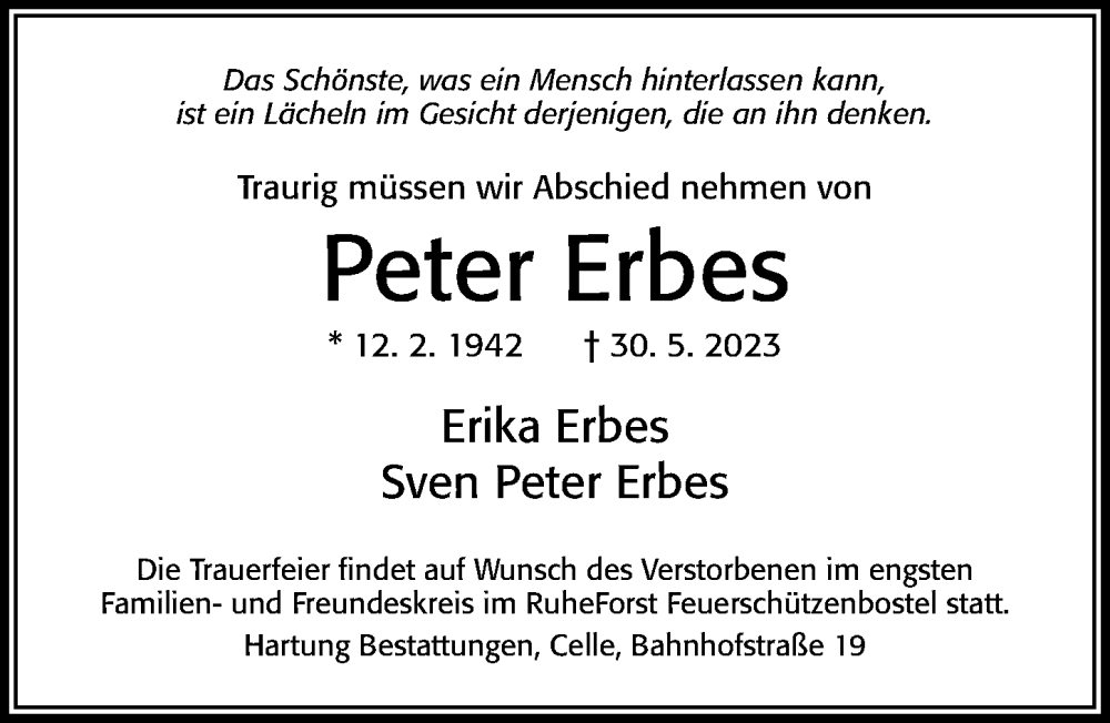  Traueranzeige für Peter Erbes vom 03.06.2023 aus Cellesche Zeitung