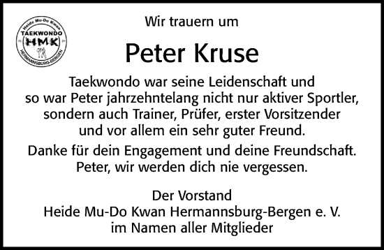 Traueranzeige von Peter Kruse von Cellesche Zeitung