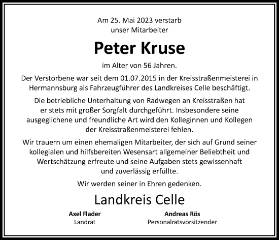 Traueranzeige von Peter Kruse von Cellesche Zeitung