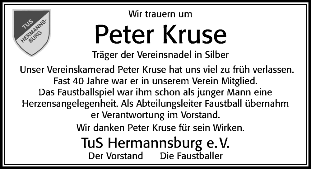  Traueranzeige für Peter Kruse vom 05.06.2023 aus Cellesche Zeitung