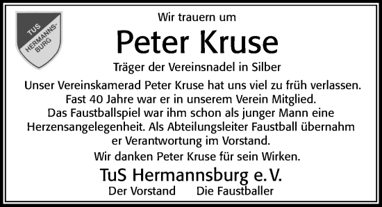 Traueranzeige von Peter Kruse von Cellesche Zeitung