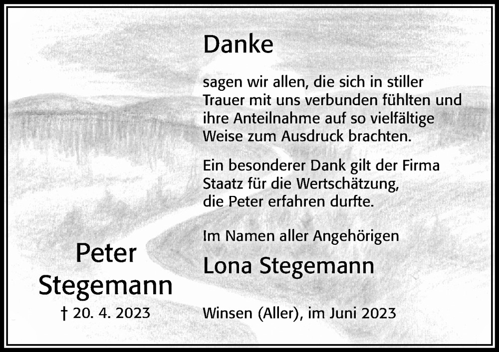  Traueranzeige für Peter Stegemann vom 03.06.2023 aus Cellesche Zeitung