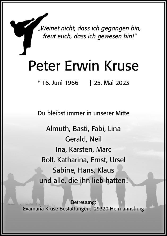  Traueranzeige für Peter Erwin Kruse vom 05.06.2023 aus Cellesche Zeitung