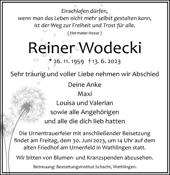 Traueranzeige von Reiner Wodecki von Cellesche Zeitung