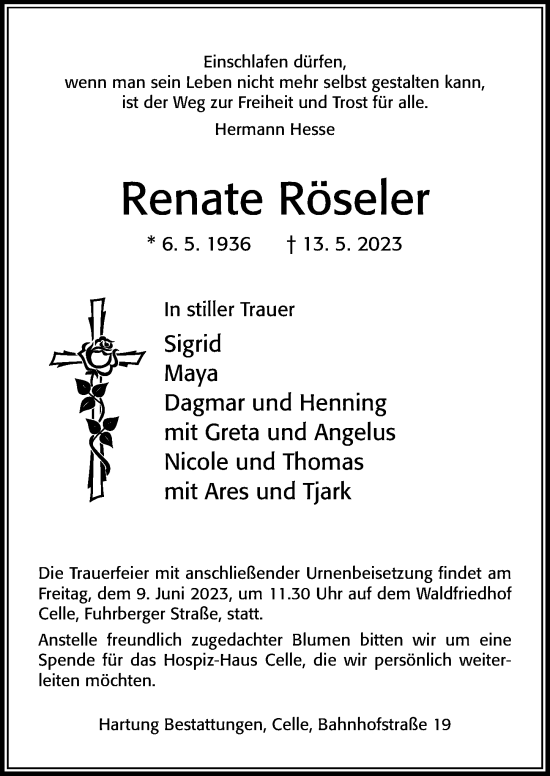 Traueranzeige von Renate Röseler von Cellesche Zeitung