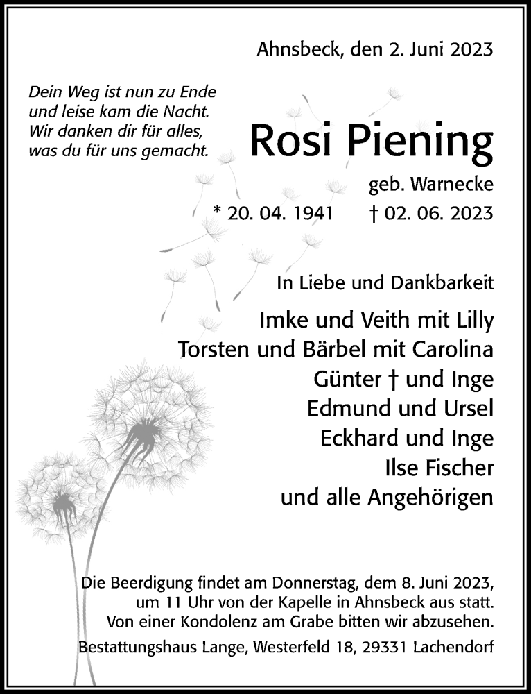  Traueranzeige für Rosi Piening vom 06.06.2023 aus Cellesche Zeitung