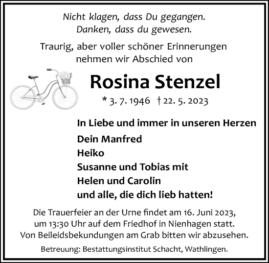 Traueranzeige von Rosina Stenzel von Cellesche Zeitung